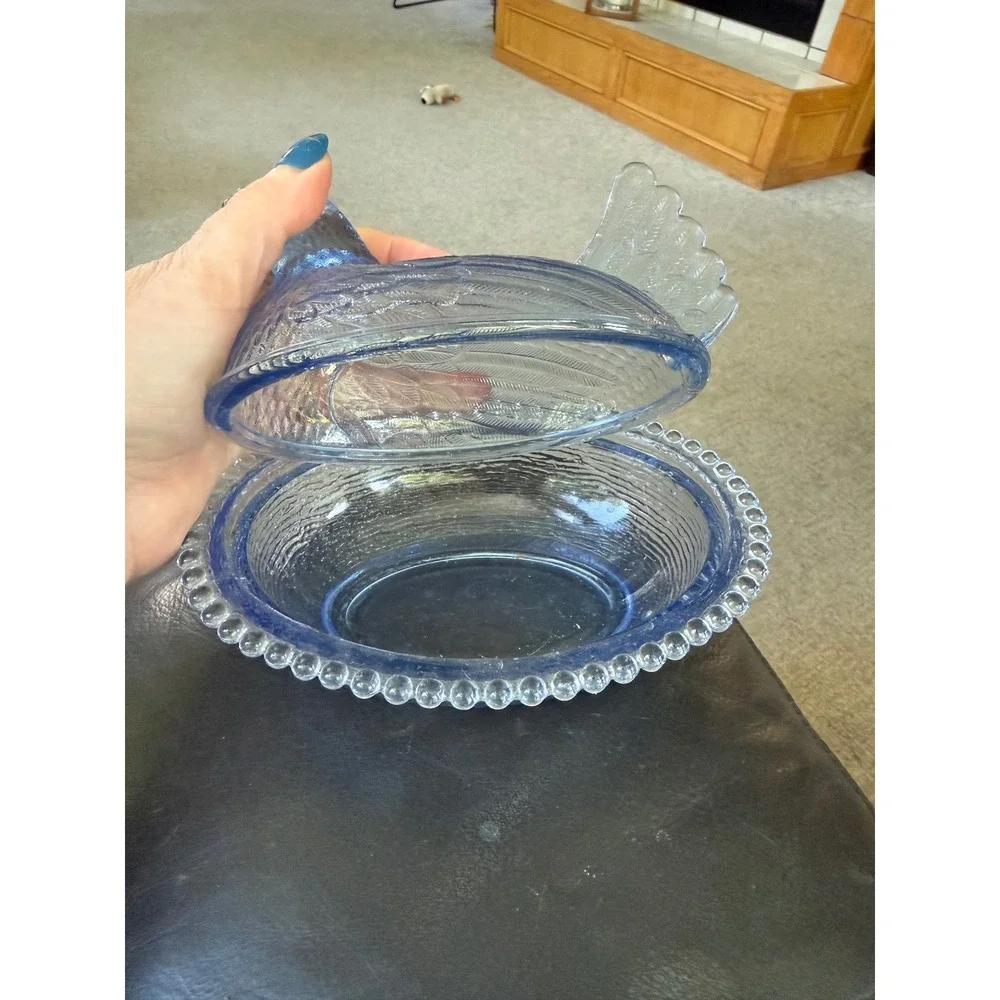 Vintage Indiana Blue Glass Hen on Nest Covered Dish Beaded Rim Candy Bowl Farm